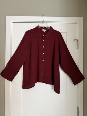Pleated Flowy Button-Front Blouse in Burgundy